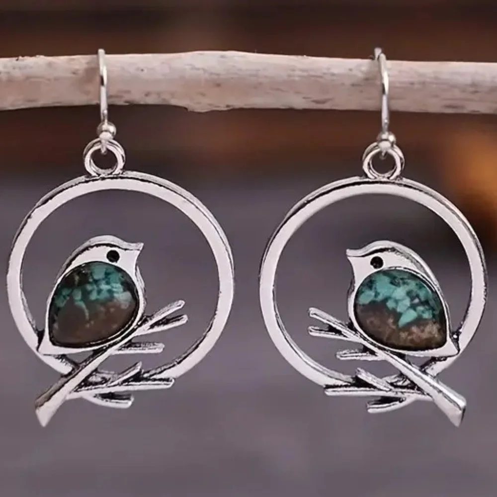 Bird Earrings Drop Hoop Dangle Silver Tone Inlayed Nature Tree Turquoise Stone